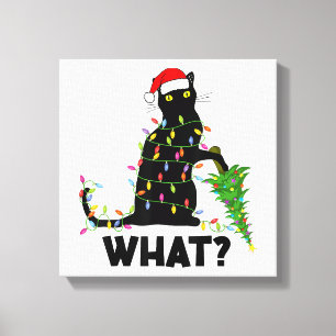 Funny Black Cat Pushing Weihnachtsbaum über Cat Ch Leinwanddruck