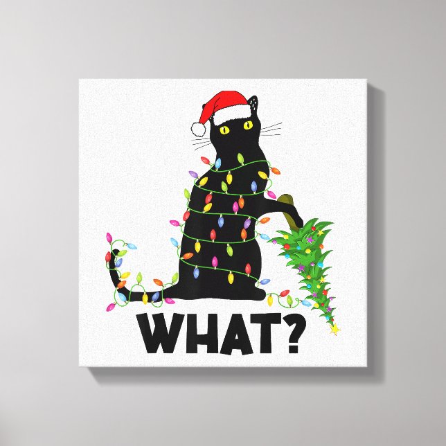 Funny Black Cat Pushing Weihnachtsbaum über Cat Ch Leinwanddruck (Vorderseite)