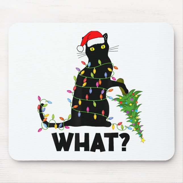 Funny Black Cat Pushing Weihnachtsbaum über Cat Ch Mousepad (Vorne)