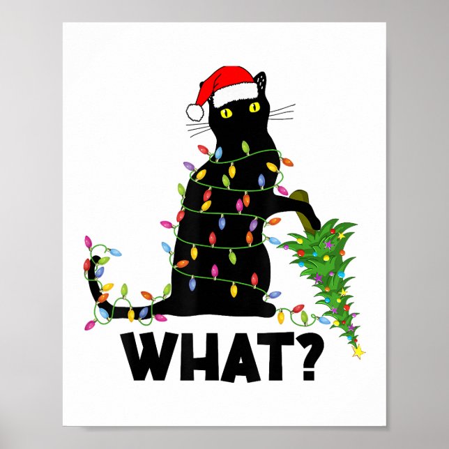 Funny Black Cat Pushing Weihnachtsbaum über Cat Ch Poster (Vorne)