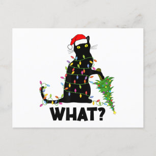Funny Black Cat Pushing Weihnachtsbaum über Cat Ch Postkarte