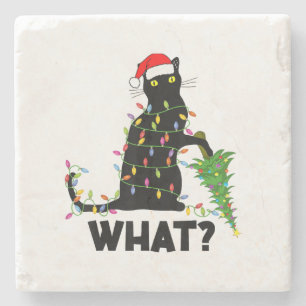Funny Black Cat Pushing Weihnachtsbaum über Cat Ch Steinuntersetzer