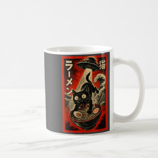 Funny Black Cat Ramen Alien Ufo Abduction Japanese Kaffeetasse (Rechts)