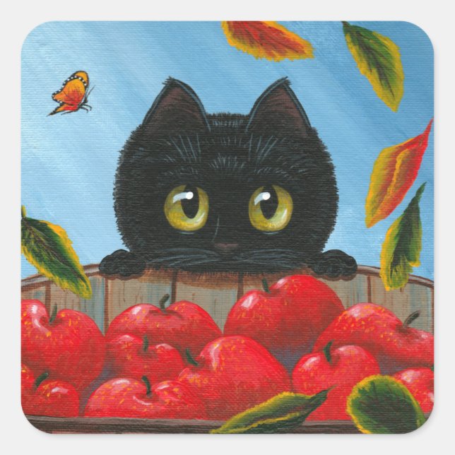 Funny Black Cat Red Apples Creationarts Quadratischer Aufkleber (Vorderseite)