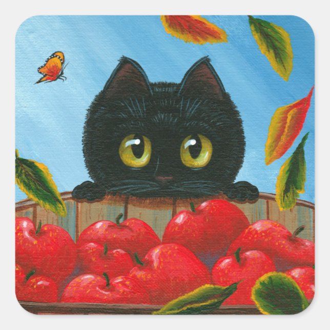 Funny Black Cat Red Apples Creationarts Square Quadratischer Aufkleber (Vorderseite)
