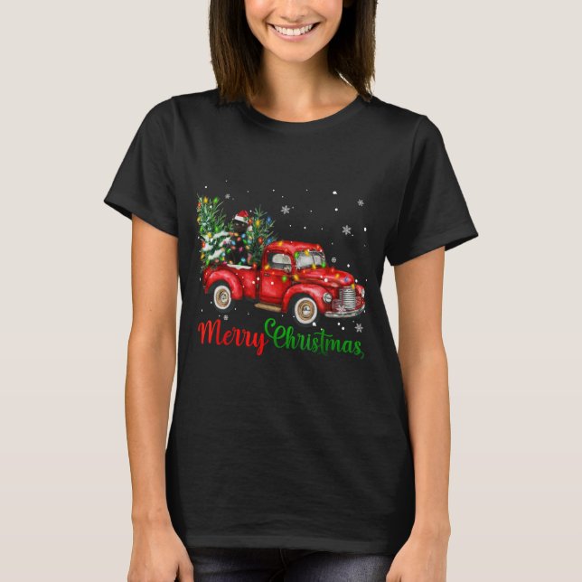 Funny Black Cat Riding Red Truck Weihnachtsbaum Li T-Shirt (Vorderseite)
