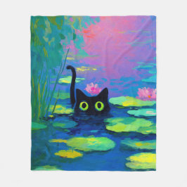 Funny Black Cat Schwimmen im Teich | Quirky Art Fleecedecke