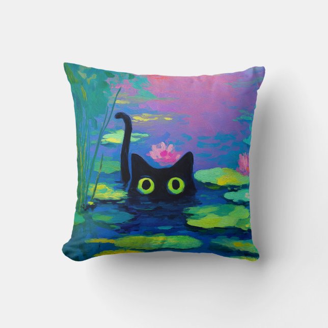 Funny Black Cat Schwimmen im Teich | Quirky Art Kissen (Vorderseite)