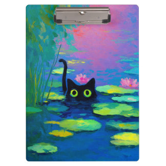 Funny Black Cat Schwimmen im Teich | Quirky Art Klemmbrett