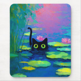 Funny Black Cat Schwimmen im Teich | Quirky Art Mousepad