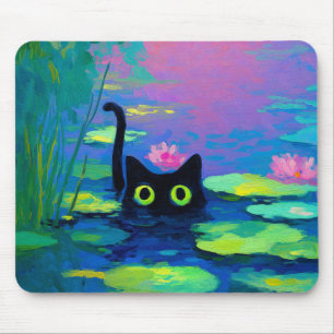 Funny Black Cat Schwimmen im Teich   Quirky Art Mousepad