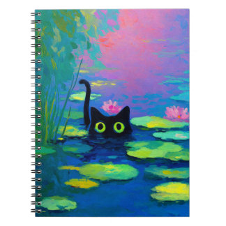 Funny Black Cat Schwimmen im Teich | Quirky Art Notizblock