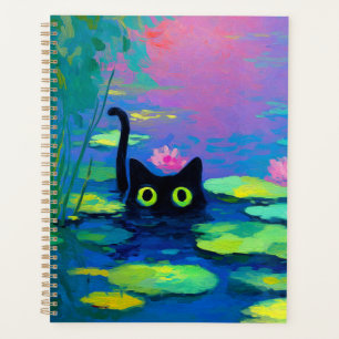 Funny Black Cat Schwimmen im Teich   Quirky Art Planer