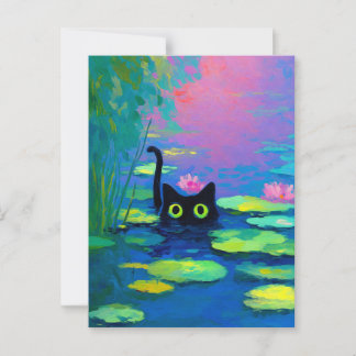 Funny Black Cat Schwimmen im Teich | Quirky Art Postkarte