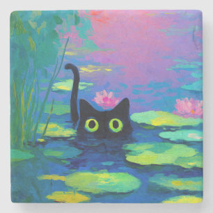 Funny Black Cat Schwimmen im Teich   Quirky Art Steinuntersetzer