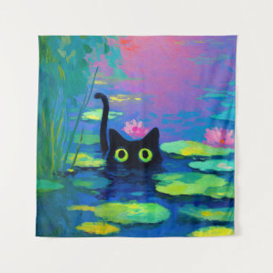 Funny Black Cat Schwimmen im Teich Quirky Art Wandteppich