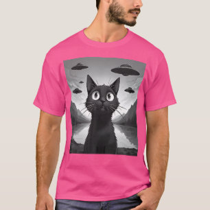Funny Black Cat Selfie mit Ufos Außerirdischen Wei T-Shirt