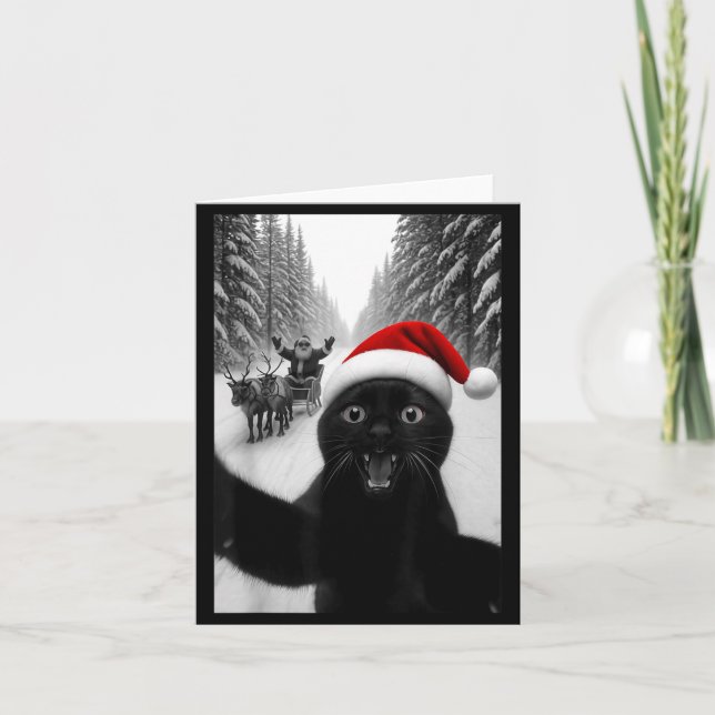 Funny Black Cat Selfie With Santa Christmas Men Wo Karte (Vorderseite)