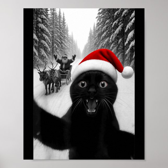 Funny Black Cat Selfie With Santa Christmas Men Wo Poster (Vorne)