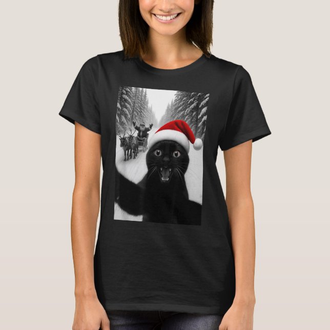 Funny Black Cat Selfie With Santa Christmas Men Wo T-Shirt (Vorderseite)