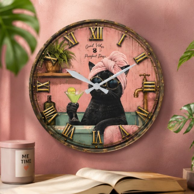 Funny Black Cat Spa Große Wanduhr (Von Creator hochgeladen)