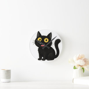 Funny Black Cat Sticker mit gelben Augen Runde Wanduhr