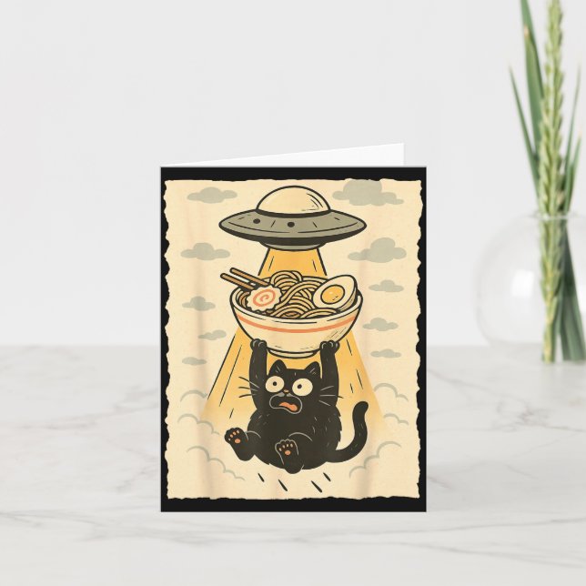 Funny Black Cat Ufo Ramen Alien Abduction Graphic  Karte (Vorderseite)