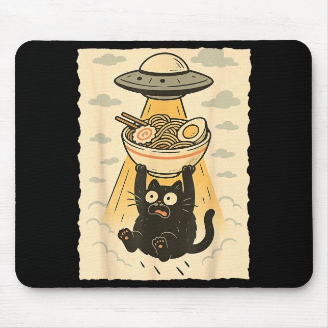 Funny Black Cat Ufo Ramen Alien Abduction Graphic  Mousepad (Vorne)