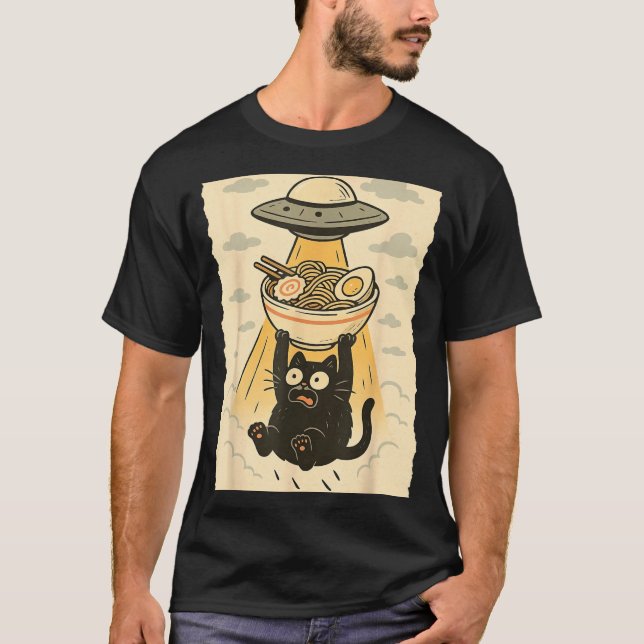Funny Black Cat Ufo Ramen Alien Abduction Graphic  T-Shirt (Vorderseite)