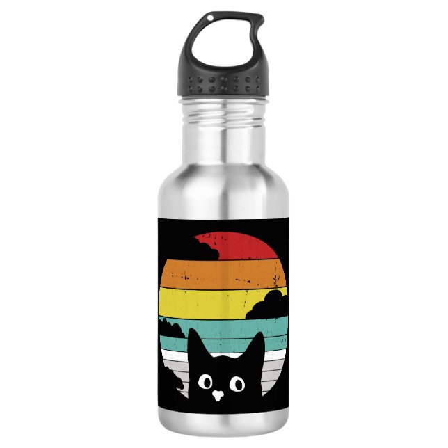 Funny Black Cat Vintag Retro Sunset Design Edelstahlflasche (Vorderseite)