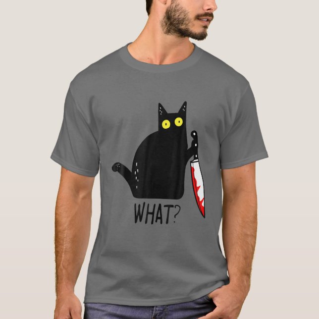 Funny Black Cat Was? Holding Bloody Knife Men Wom T-Shirt (Vorderseite)