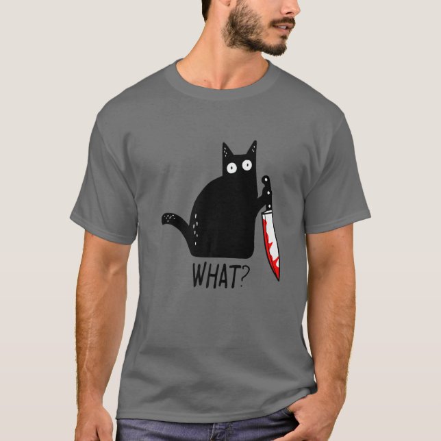 Funny Black Cat Was? Holding Bloody Knife Men Wom T-Shirt (Vorderseite)