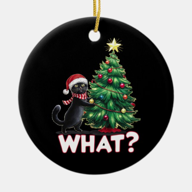 Funny Black Cat Was Weihnachtsbaum Weihnachten Keramik Ornament (Vorne)