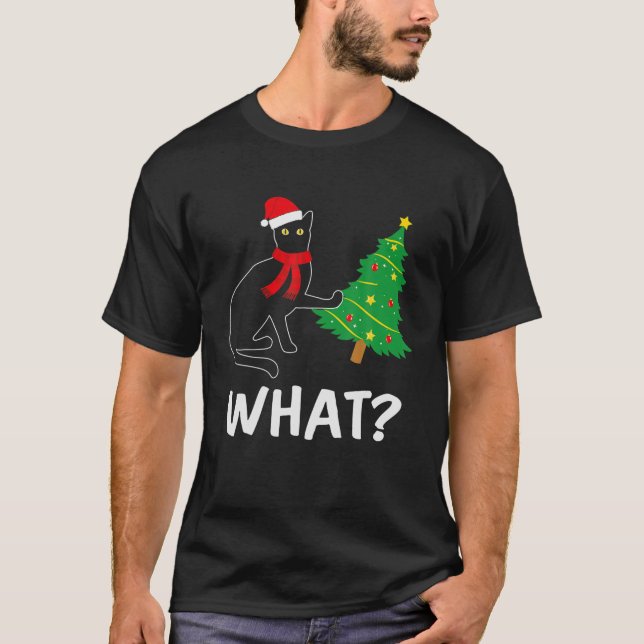 Funny Black Cat Weihnachtsbaum über Katze Was T-Shirt (Vorderseite)