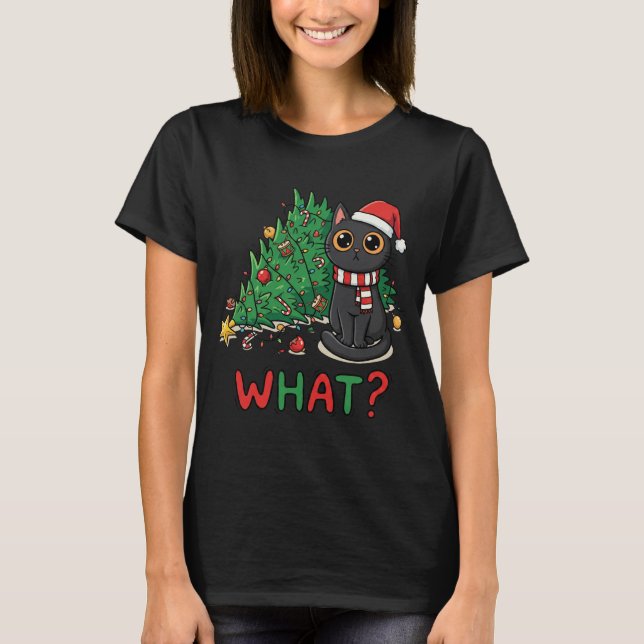 Funny Black Cat What? Christmas Tree Humor T-Shirt (Vorderseite)
