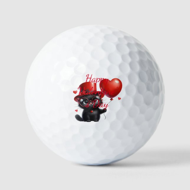 Funny Black Cat With Balloons Valentine's Day Golfball (Vorderseite)