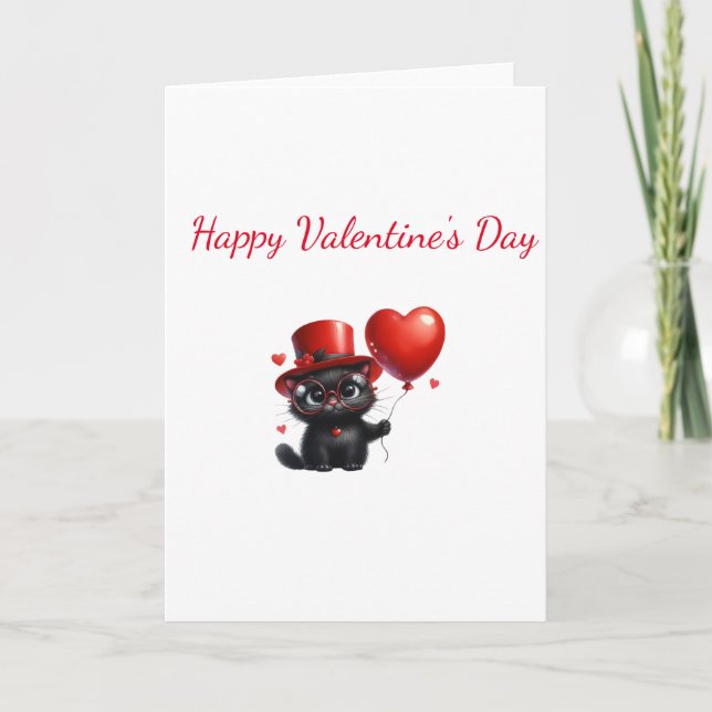 Funny Black Cat With Balloons Valentine's Day Karte (Vorderseite)