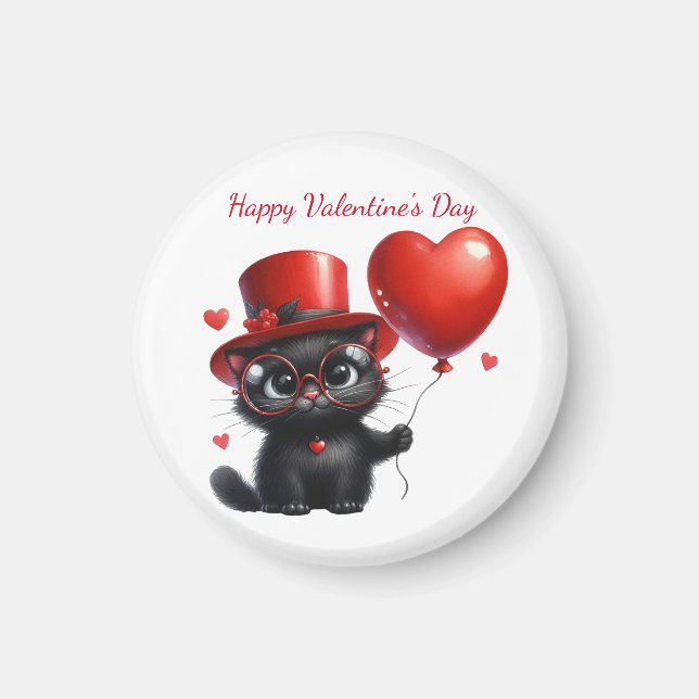 Funny Black Cat With Balloons Valentine's Day Magnet (Vorne)