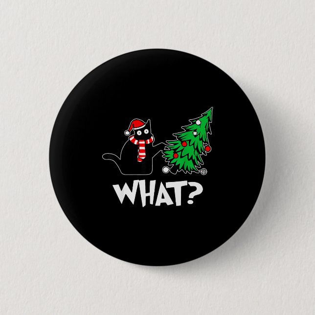 Funny Black Cat Xmas Pushing Christmas Tree Over C Button (Vorderseite)