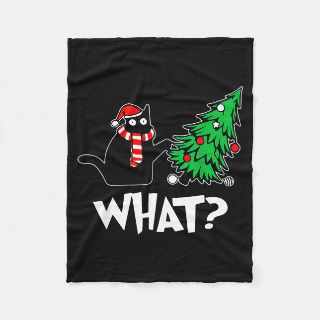 Funny Black Cat Xmas Pushing Christmas Tree Over C Fleecedecke (Vorderseite)