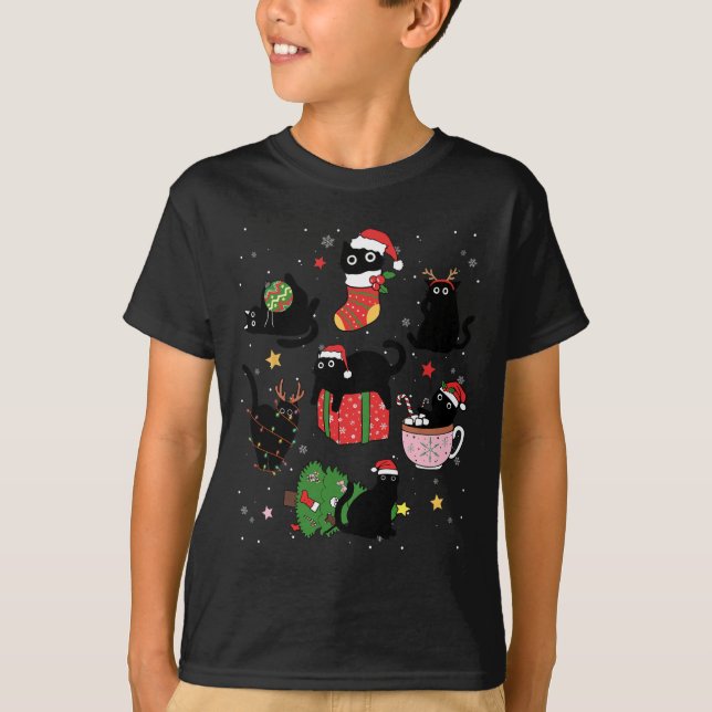 Funny Black Cats Weihnachtsmannmütze Weihnachtsbau T-Shirt (Vorderseite)