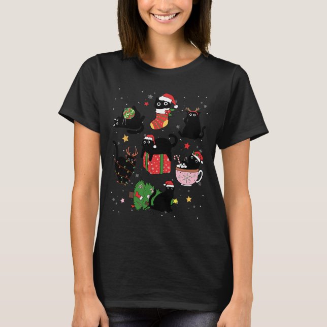 Funny Black Cats Weihnachtsmannmütze Weihnachtsbau T-Shirt (Vorderseite)