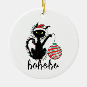Funny Black Christmas Light Cat HoHoHo Keramik Ornament