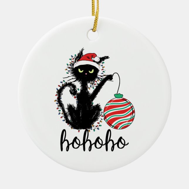 Funny Black Christmas Light Cat HoHoHo Keramik Ornament (Vorne)