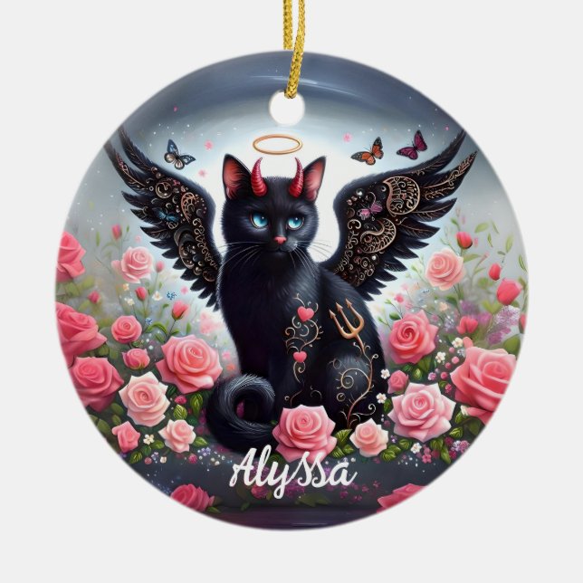 Funny Black Demon und Angel Cat Keramik Ornament (Vorne)