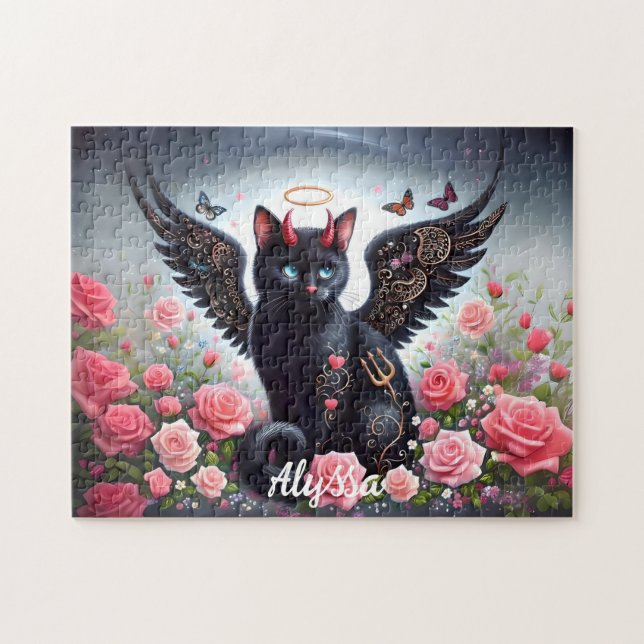Funny Black Demon und Angel Cat Puzzle (Horizontal)