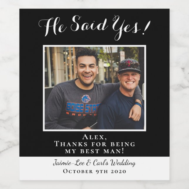 Funny Black Er sagte Yes Foto Danke Trauzeuge Weinetikett (Einzelnes Label)