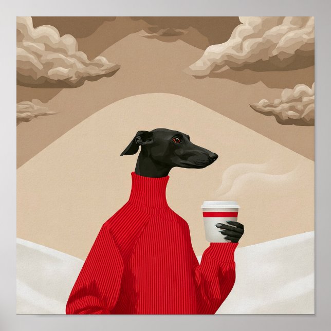 Funny Black Greyhound in Red Sweater Coffee Art Poster (Vorne)