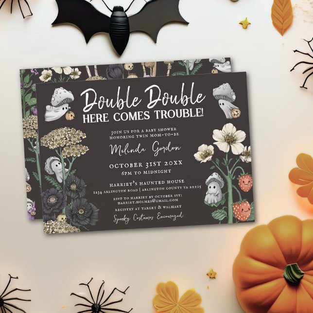 Funny Black Halloween Ghosts Twins Baby Dusche Einladung (Double Double Here comes trouble twin baby shower invitations for Halloween theme baby shower)
