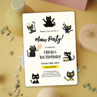 Funny Black Kitty 1. Geburtstagsfeier Party Einlad Einladung
